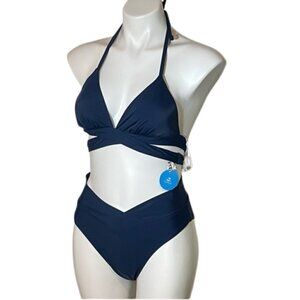 Navy blue two piece cupshie bikini wrap top high leg high waist cheeky bottoms M